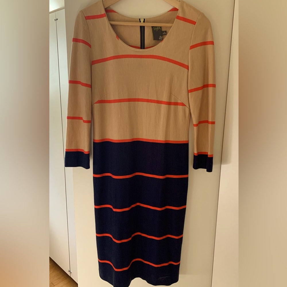 Taylor Beige, Blue & Red Alongshore Stripe Rayon and Nylon Dress Size 4